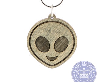 Alien Keychain - Extraterrestrial Alien Emoji Engraved Wood Key Ring - UFO - Alien Emoji Keychain - E.T. Emoji Wooden Engraved Charm