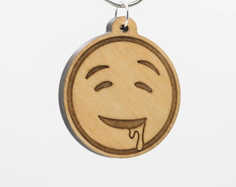 Drooling Face Emoji Keychain - Drooling Emoji Carved Wood Key Ring - Drooling Face Emoji Wooden Engraved Charm - Drool Dripping Emoji