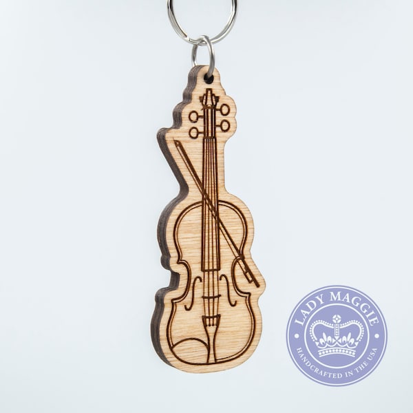 Violin Keychain - Fiddle Keychain - Carved Violin Key Ring - Engraved Wooden Fiddle Charm - Classical Music - Bluegrass - Musical Instrument