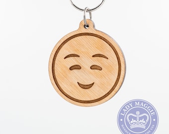 Generic Smiley Face Emoji Wooden Keychain - White Smiling Face Emoji Carved Wood Key Ring