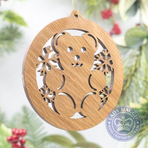 Teddy Bear Christmas Ornament - Teddy Bear Silhouette Laser Cut Wooden Tree Decoration - White Oak Teddy Bear Ornament - Baby Ornament