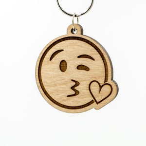 Kissing Face Emoji Keychain - Face Blowing A Kiss Emoji Carved Wood Key Ring - Kiss Face Emoji Wooden Engraved Charm