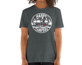 Happy Campers Pop Up Camper T shirt White Graphic Camping Trailer Tee Shirt PopUp Camper Shirt