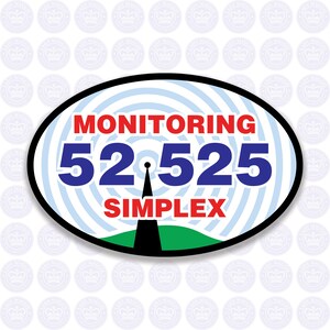 May include: A blue and white circular sticker with a black border. The sticker has a white background with blue concentric circles. The text "MONITORING 52 525 SIMPLEX" is printed in red and blue letters. A black antenna tower is in the center of the sticker.