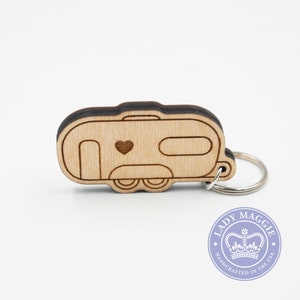 Camper Keychain - Double Wheel Camper Charm - Camping Trailer Keychain - Camper Van Engraved Wood Key Ring - Camper Trailer - RV Keyring