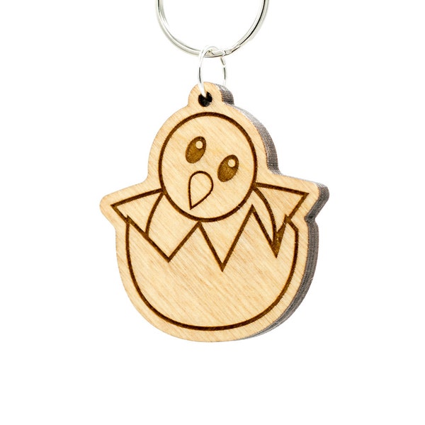 Hatching Chick Emoji Keychain - Wooden Baby Chicken Emoji Carved Wood Key Ring - Hatching Baby Chick Emoji