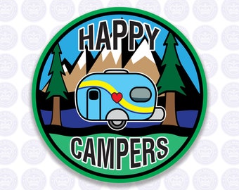 Happy Campers Single Wheel Camper Decal - Camping Trailer Bumper Sticker - Single Wheeled Camper Decal - Trailer - Yeti Camper Sticker