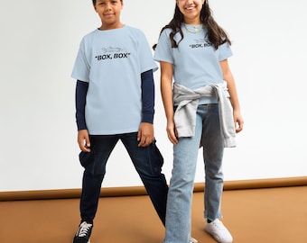 Box Box Racing Unisex Youth Classic Tee | Formula 1 Racing Kids Shirt | F1 Pit Stop Tee | Grand Prix Formula One Black Graphic