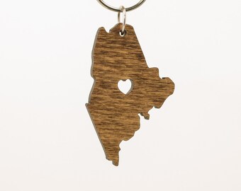 Maine Wooden Keychain - ME State Keychain - Wooden Maine Carved Key Ring - Wooden ME Charm