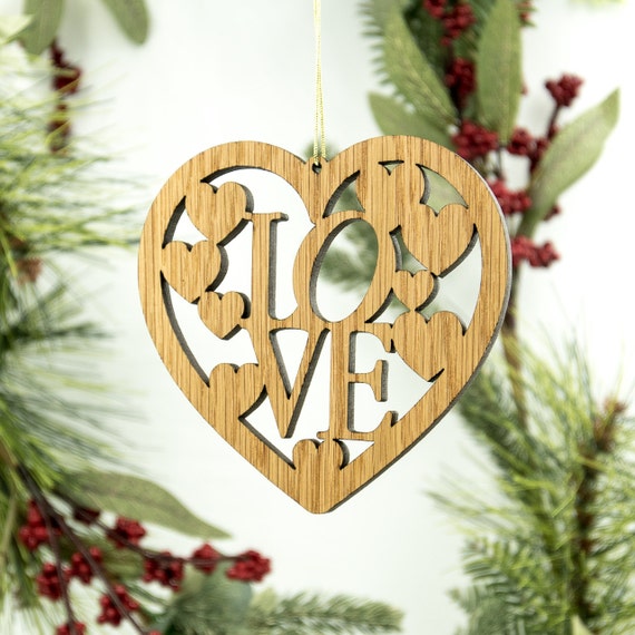 Love Christmas Wood Ornament LOVE Heart Christmas Ornament Engraved Wooden  Tree Decoration Heart Ornament Word Art Ornament 