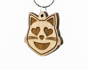 Heart Eyes Cat Emoji Keychain - Smiling Cat Face with Heart Shaped Eyes Emoji Carved Wood Key Ring - Loving Cat Emoji Wooden Engraved Charm