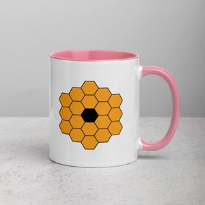 James Webb Space Telescope Mug JWST Mug with Colored Handle and Color Inside Yellow & Black Honeycomb Mirror James Webb Coffee Cup Pink