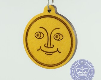 Full Moon Emoji Keychain - Moon Emoji Carved Wood Key Ring - Full Moon with Face Emoji Wooden Engraved Charm