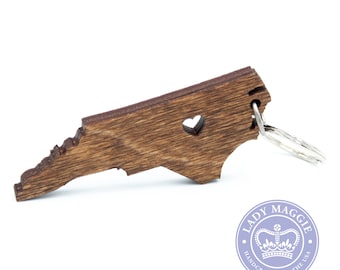 North Carolina Keychain - NC State Keychain - Wooden North Carolina Carved Key Ring - Wooden Engraved NC Charm