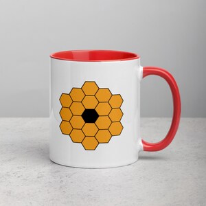 James Webb Space Telescope Mug JWST Mug with Colored Handle and Color Inside Yellow & Black Honeycomb Mirror James Webb Coffee Cup Red