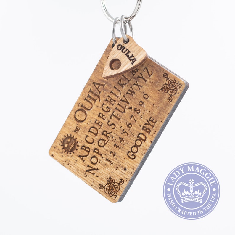 Rustic Ouija Board with Planchette Keychain Set Mini Ouija Board & Planchette Keyring Ouija Mystifying Oracle Planchette Engraved Charm image 5