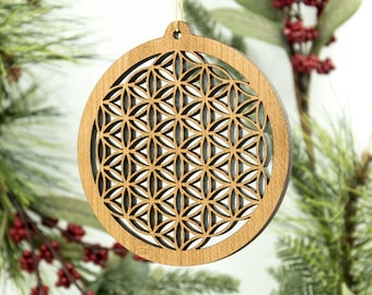 Flower of Life Christmas Wood Ornament - Filigree Engraved Wooden Tree Decoration - Geometric Wooden Ornament - Sacred Geometry