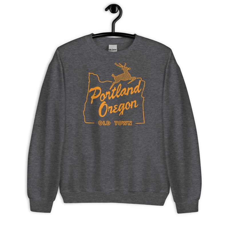 Portland Oregon Old Town Unisex Sweatshirt | Orange Old Town Portland OR Shirt | White Stag Sign | Oregon Graphic Sweatshirt | Portland OR