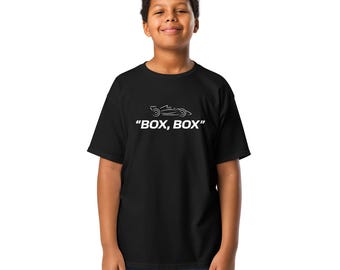Box Box Racing Unisex Youth Classic Tee | Formula 1 Racing Kids Shirt | F1 Pit Stop Tee | Grand Prix Formula One White Graphic