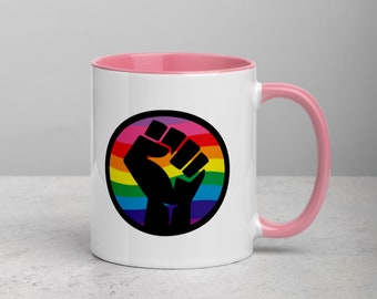 Raised Fist Rainbow Mug - Equality - Solidarity - LBGTQ BLM Clenched Fist - Raised Fist Rainbow Pride BLM  Coffee Cup