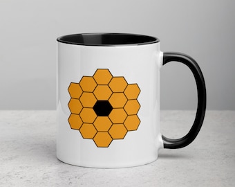 James Webb Space Telescope Mug | JWST Mug with Colored Handle and Color Inside - Yellow & Black Honeycomb Mirror James Webb Coffee Cup