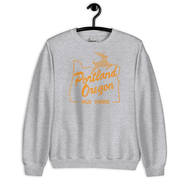 Portland Oregon Old Town Unisex Sweatshirt | Orange Old Town Portland OR Shirt | White Stag Sign | Oregon Graphic Sweatshirt | Portland OR