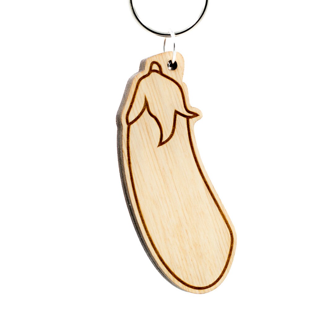 Eggplant Emoji Keychain Wooden Aubergine Emoji Carved Wood Key Ring
