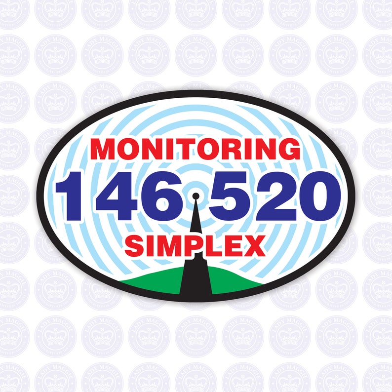 May include: A black and white oval sticker with a blue and white concentric circle pattern. The sticker has red text that says "MONITORING" and blue text that says "146 520 SIMPLEX".
