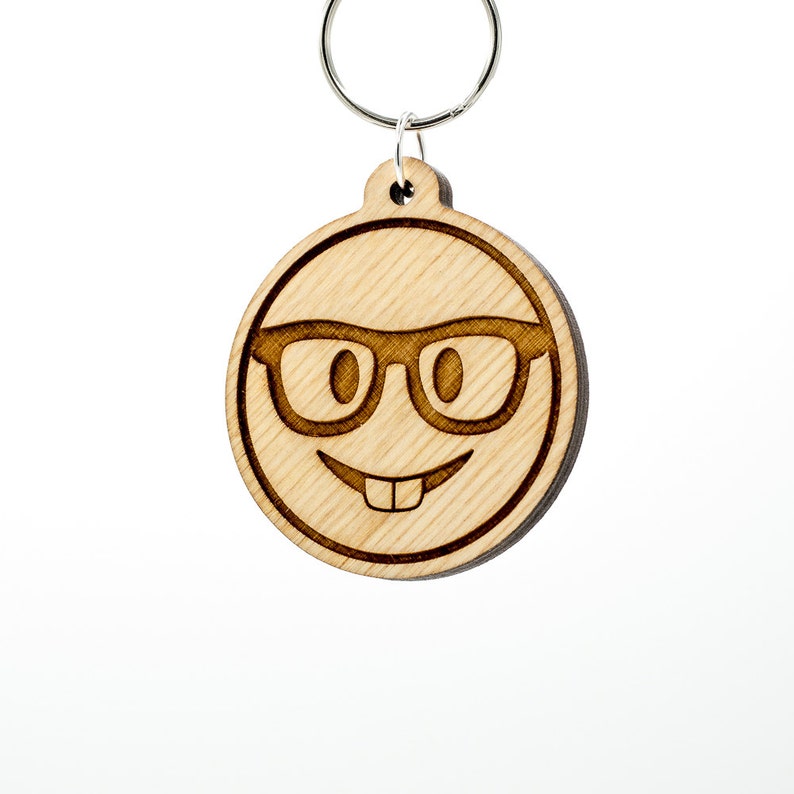 Buck Teeth Emoji Nerd Face Emoji Wooden Keychain Nerd with Glasses