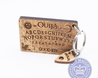 Rustic Ouija Board with Planchette Keychain Set - Mini Ouija Board & Planchette Keyring Ouija Mystifying Oracle Planchette Engraved Charm