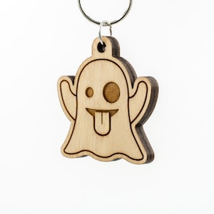 Ghost Emoji Wood Keychain - Ghost Emoji Carved Wood Key Ring - Ghost Emoticon Engraved Charm