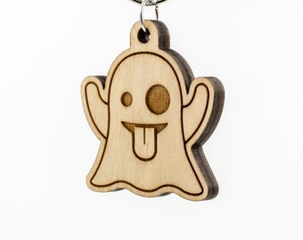 Ghost Emoji Wood Keychain - Ghost Emoji Carved Wood Key Ring - Ghost Emoticon Engraved Charm