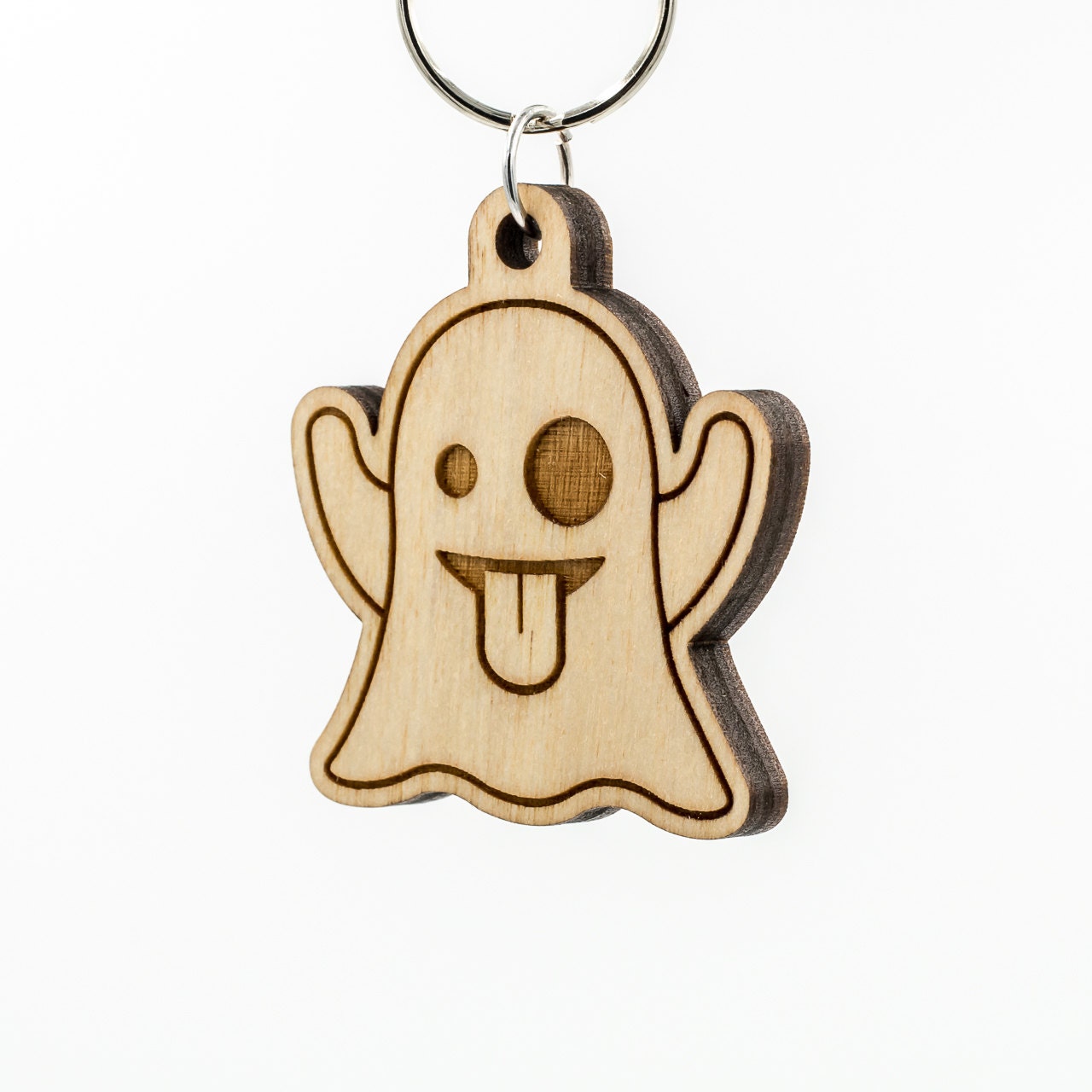 Ghost Emoji Wood Keychain - Ghost Emoji Carved Wood Key Ring - Ghost Emoticon Engraved Charm
