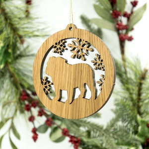 Bulldog Christmas Wood Ornament - Bulldog Silhouette Cut Wooden Tree Decoration - White Oak Bulldog Ornament - Carved Wood Dog Ornament