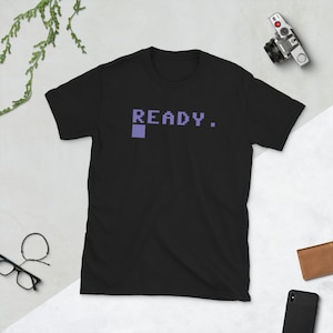 Ready. Blue Graphic T-shirt - C64 Shirt - 8 bit Home Computer Commodore 64 BASIC Shirt - Retro Computer C=64 BASIC Command Tee Shirt