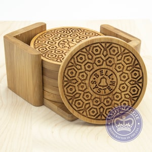 Bell System Manhole Cover Mandala Logo Vintage Bamboo Coasters | Bell System Set of 6 Coasters and Holder Engraved with Bell Logo