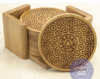 Bell System Manhole Cover Mandala Logo Vintage Bamboo Coasters | Bell System Set of 6 Coasters and Holder Engraved with Bell Logo