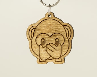 Speak No Evil Monkey Emoji Keychain - Monkey Face Emoji Carved Wood Key Ring - Monkey Covering Mouth Emoji Wooden Engraved Charm