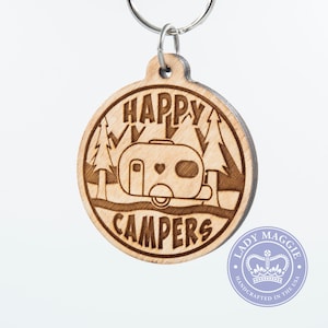 Happy Campers Single Wheel Camper Keychain - Camping Trailer Keychain - Camper Van Key Ring - Camper Trailer Engraved Charm - Single Wheel