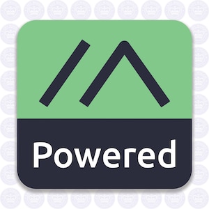 May include: A green and black square button with a stylized mountain icon and the word "Powered" in white text.