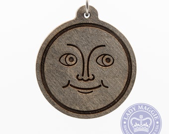 New Moon Emoji Keychain - Moon Emoji Carved Wood Key Ring - Dark Moon Face Emoji Wooden Engraved Charm