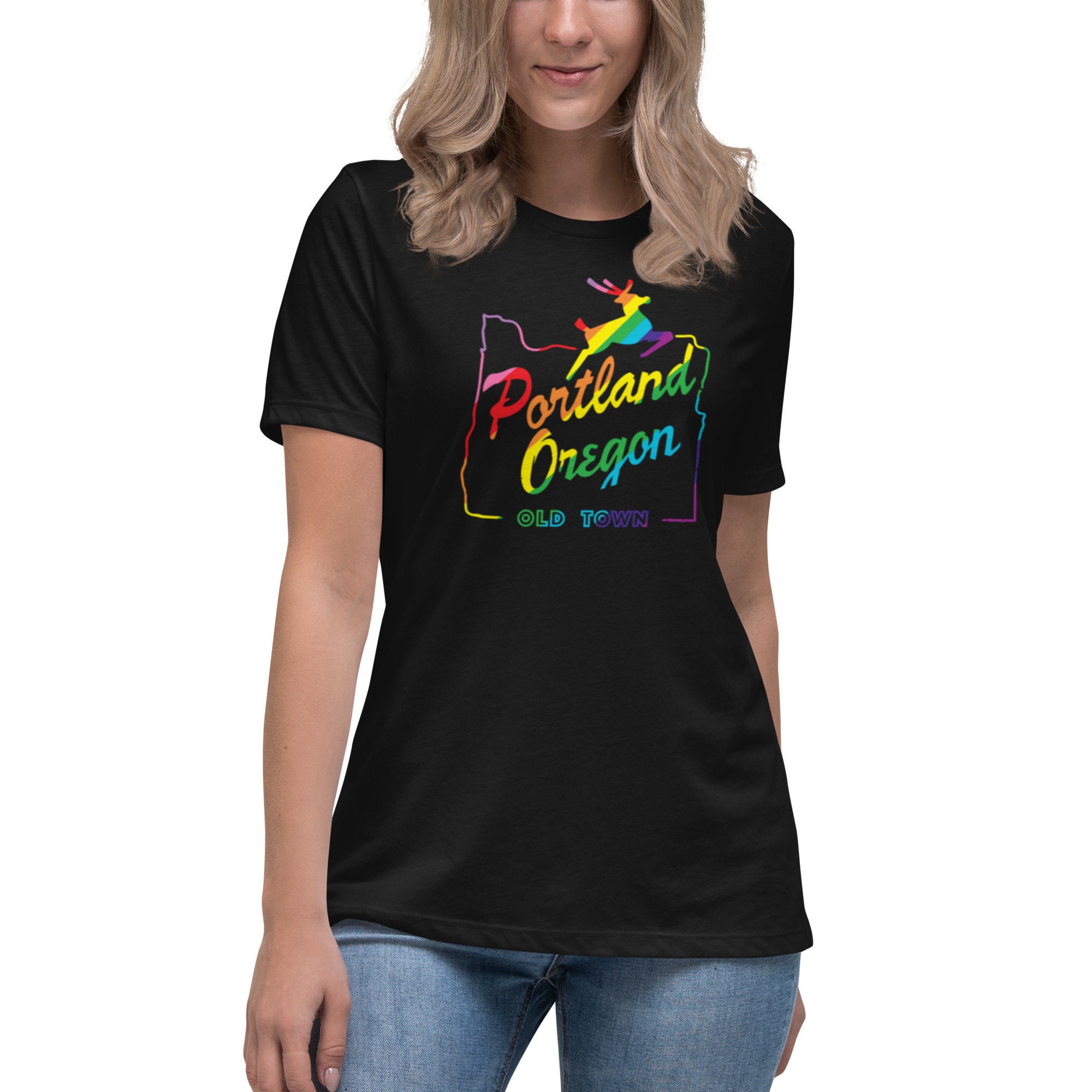 Portland OR Old Town Rainbow Ladies T-Shirt | Old Town Portland OR Women&#39;s Rainbow Relaxed T-Shirt | Portland Oregon Rainbow Tee