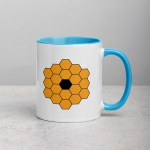 James Webb Space Telescope Mug JWST Mug with Colored Handle and Color Inside Yellow & Black Honeycomb Mirror James Webb Coffee Cup Blue