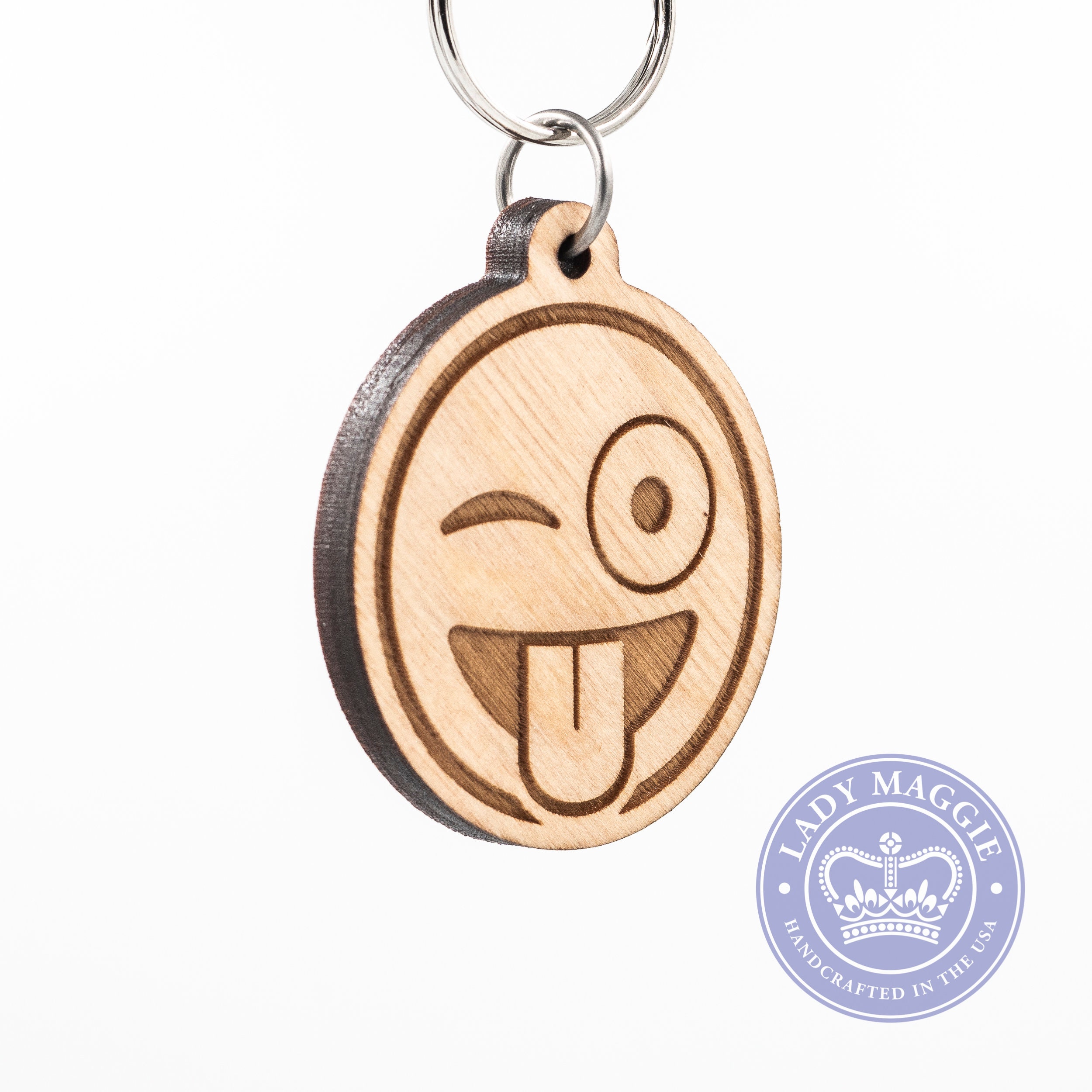 Winking Eye Emoji Porte-clés en bois Crazy Face Emoji Carved Wood