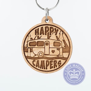 Happy Campers Pop-Up Camper Keychain - Pop Up Camper - Camping Trailer Keychain - Camper Van Key Ring - Camper Travel Trailer Engraved Charm