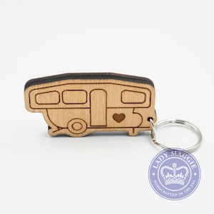 Pop-Up Camper Keychain - Pop Up Camper - Camping Trailer Keychain - Camper Van Wood Key Ring - Camper Travel Trailer Engraved Charm