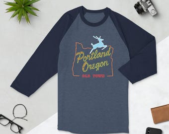 Portland Oregon Old Town 3/4 Sleeve Raglan Shirt Unisex Old Town Portland OR Shirt | White Stag Sign Shirt | Oregon Long Sleeved Shirt