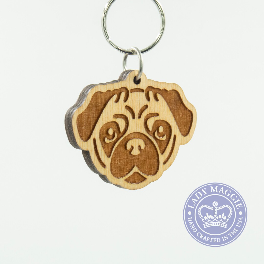 Pug Keychain Pug Dog Carved Wood Key Ring Pug Face Wooden Etsy