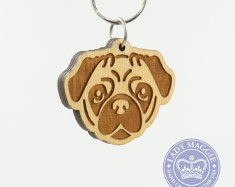 Pug Keychain - Pug Dog Carved Wood Key Ring - Pug Face Wooden Engraved Charm - Puggy Keychain - Pug Head Wooden Key Ring - Pug Dog Keychain