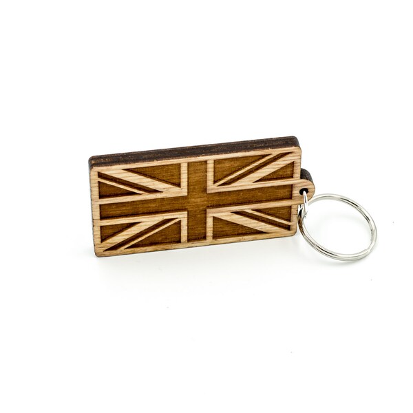 British Flag Keychain - Union Jack Flag Carved Wood Key Ring - UK Flag Wooden Engraved Charm - British Keychain - British Flag Personalized